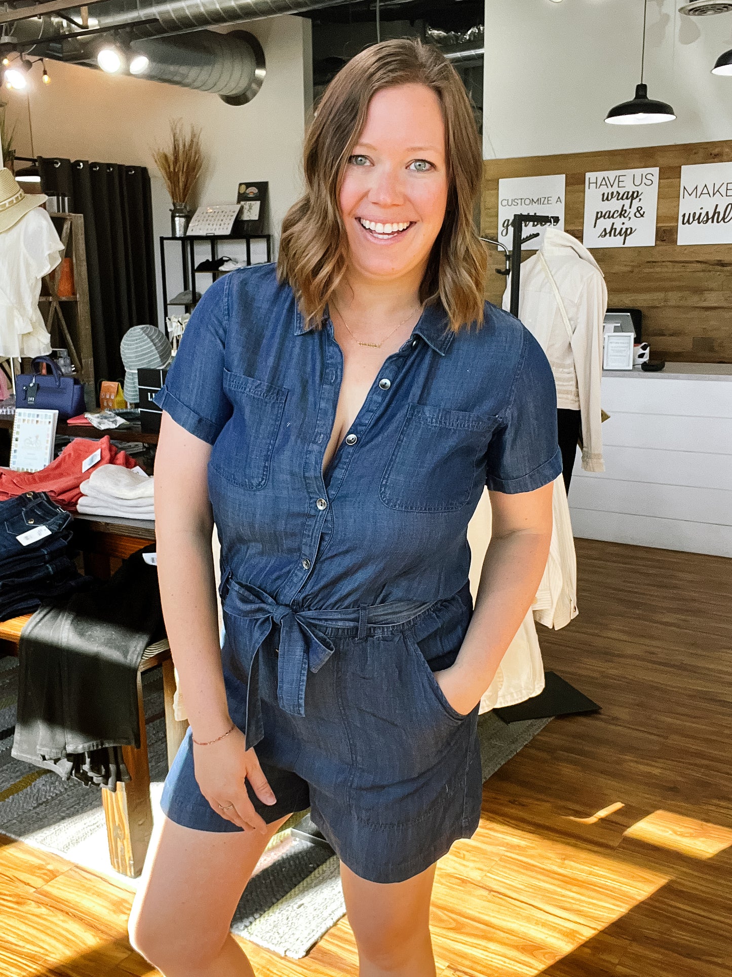 Dark Blue Chambray Short Sleeve Romper