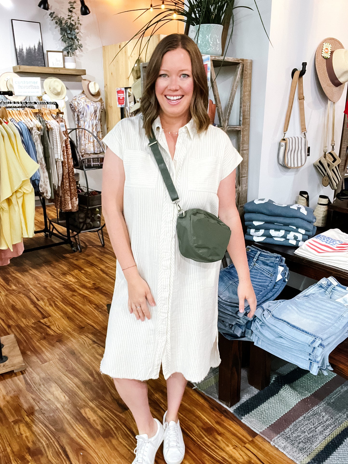 Cream & Tan Stripe Button Front Shirt Dress