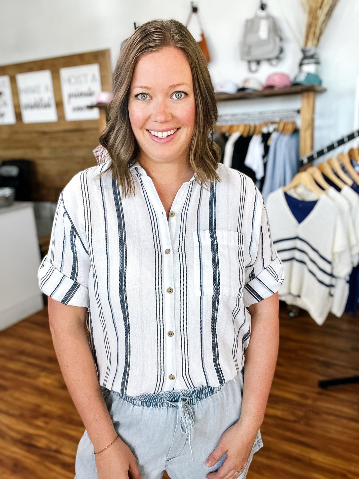 White Stripe Button Down Top