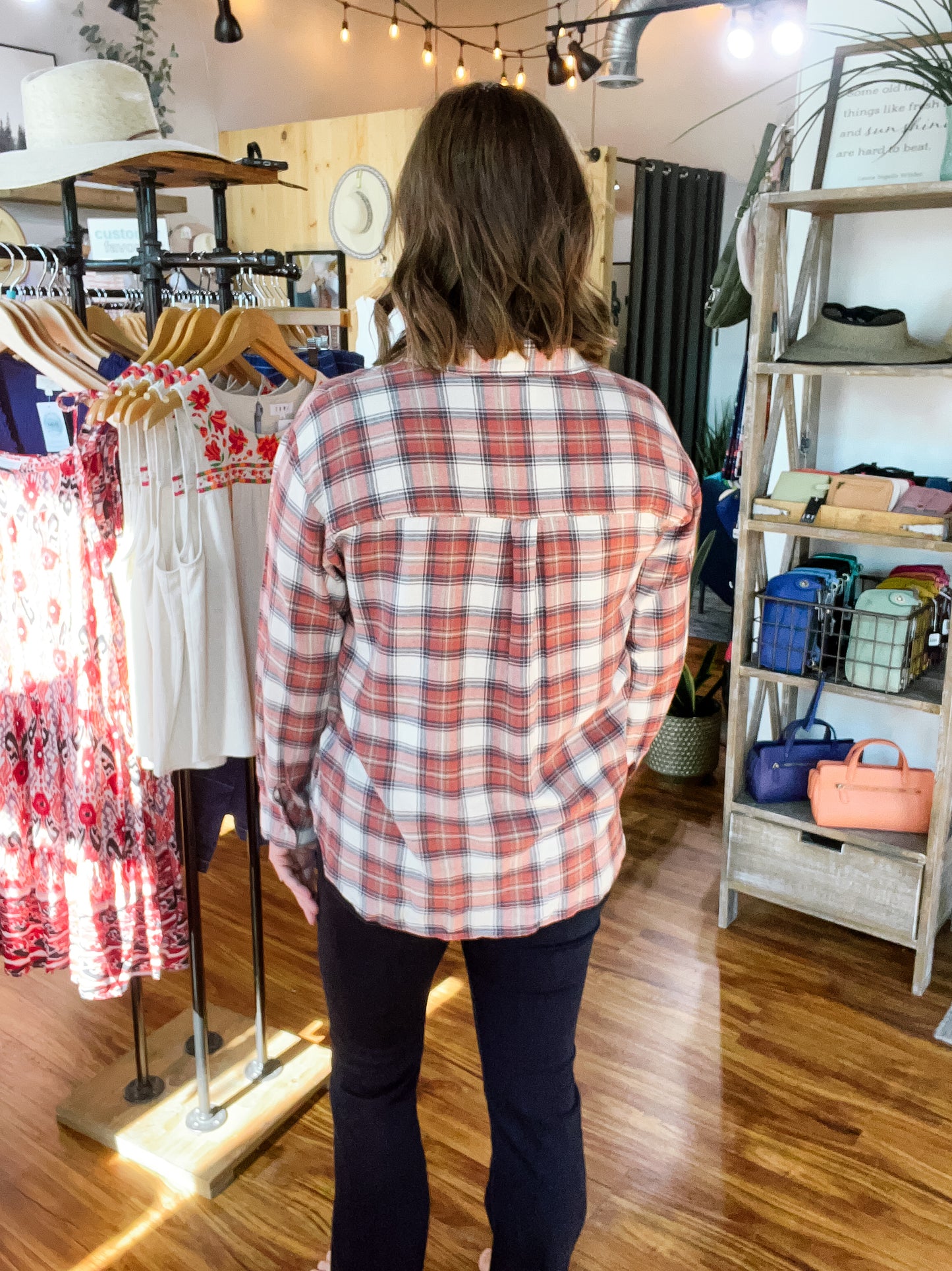 Rust W/Beige Plaid Flannel Shirt