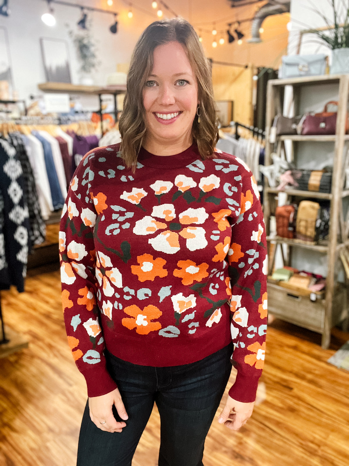 Burgundy Floral Print Sweater