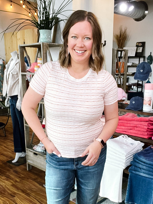 Light Pink Wavy Stripe Knit T-Shirt