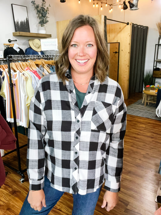 Cream W/Black Plaid Flannel Shirt