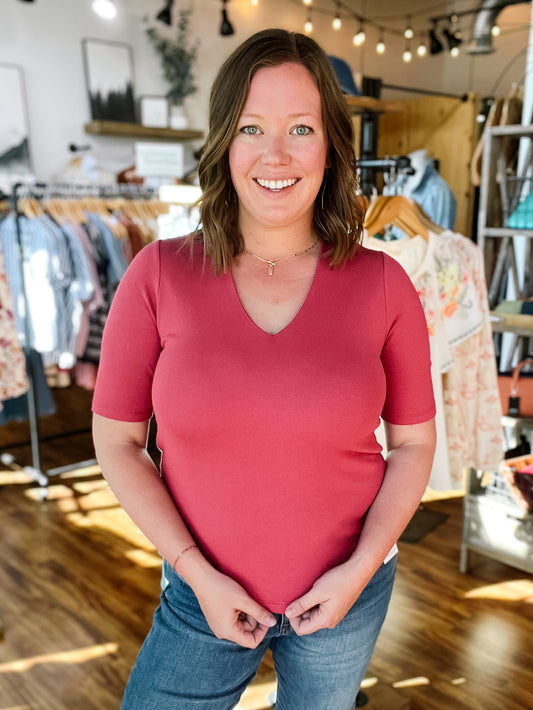 Rose Double Layered Short Sleeve V-Neck Top