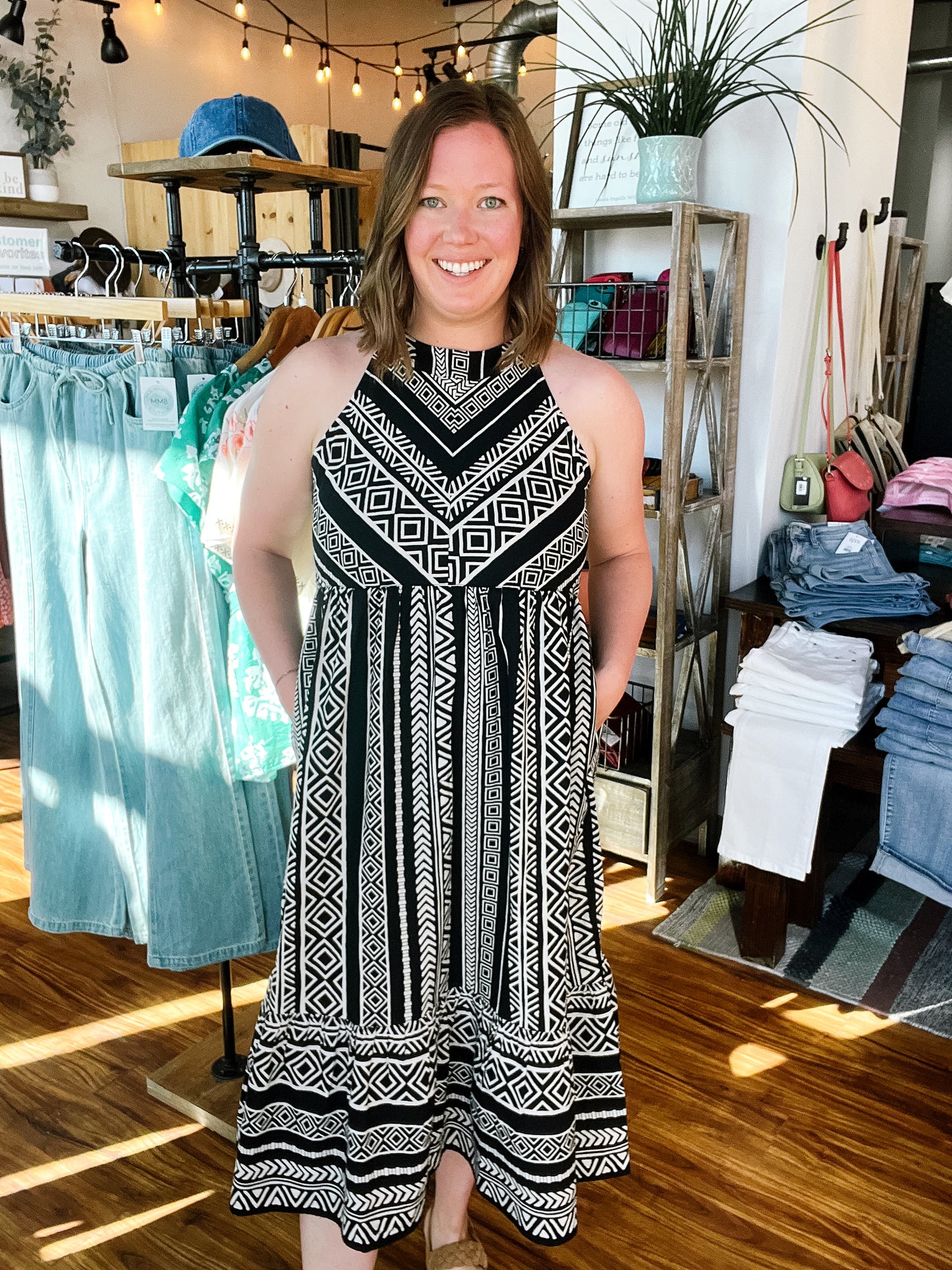 Black W/Beige Aztec Halter Dress