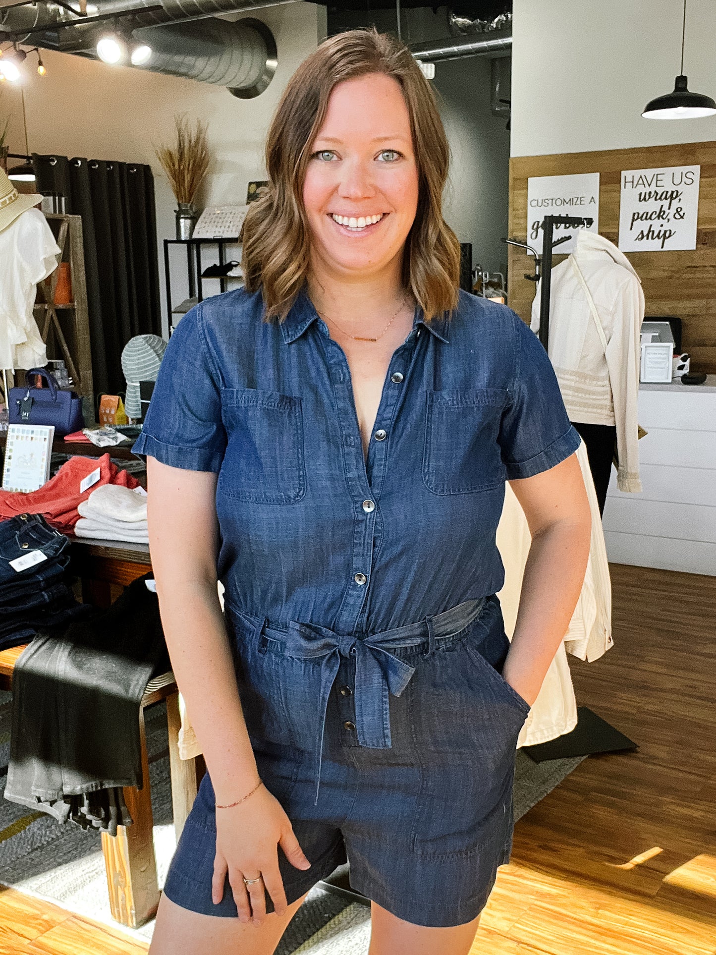 Dark Blue Chambray Short Sleeve Romper
