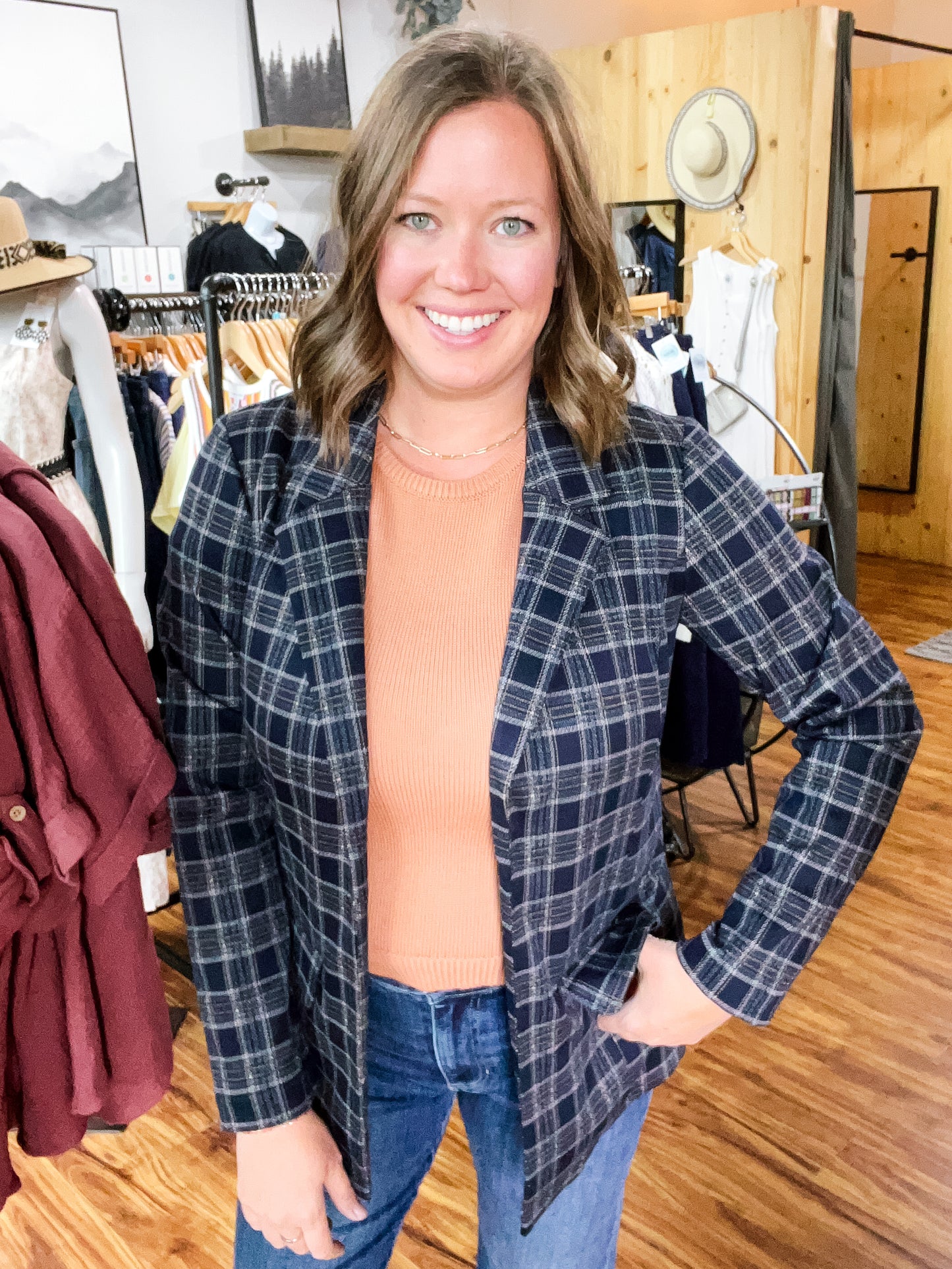 Navy Plaid Boyfriend Blazer