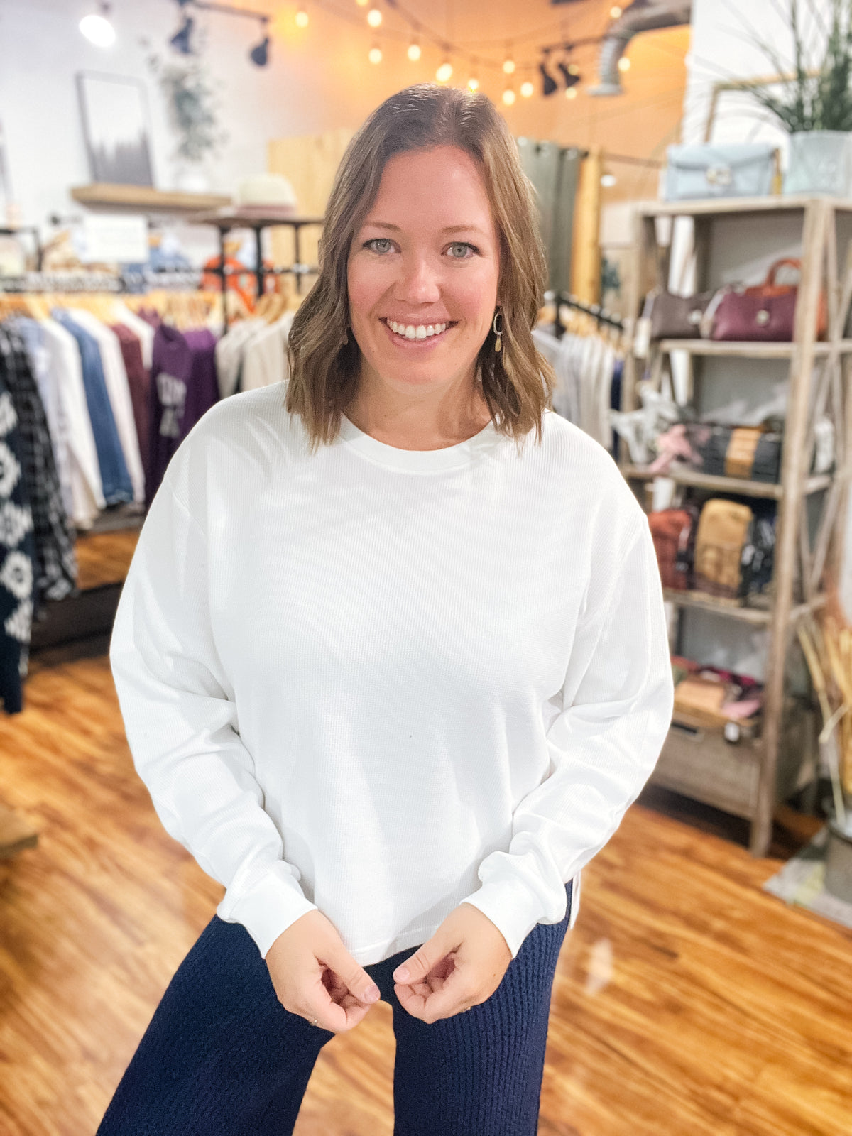 White Waffle Knit Long Sleeve Top