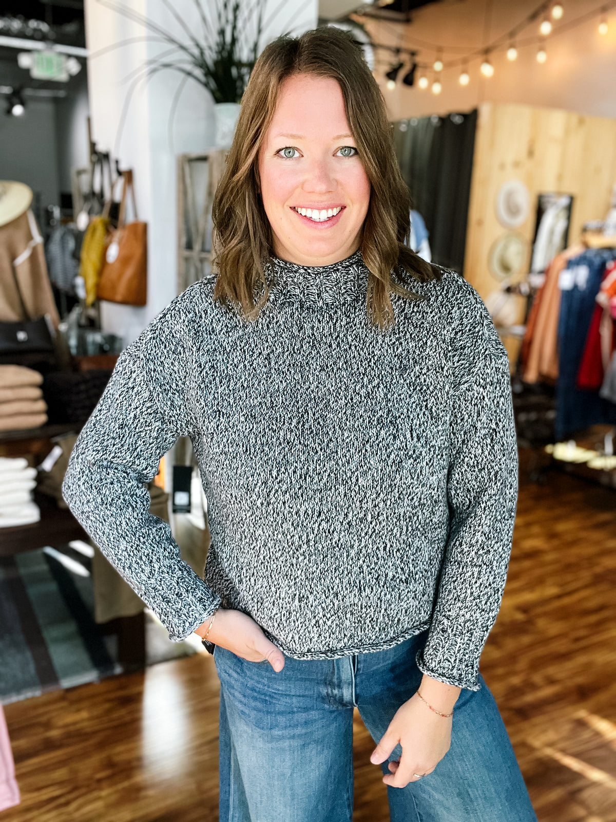 Black & Gray Striped Mock Neck Sweater