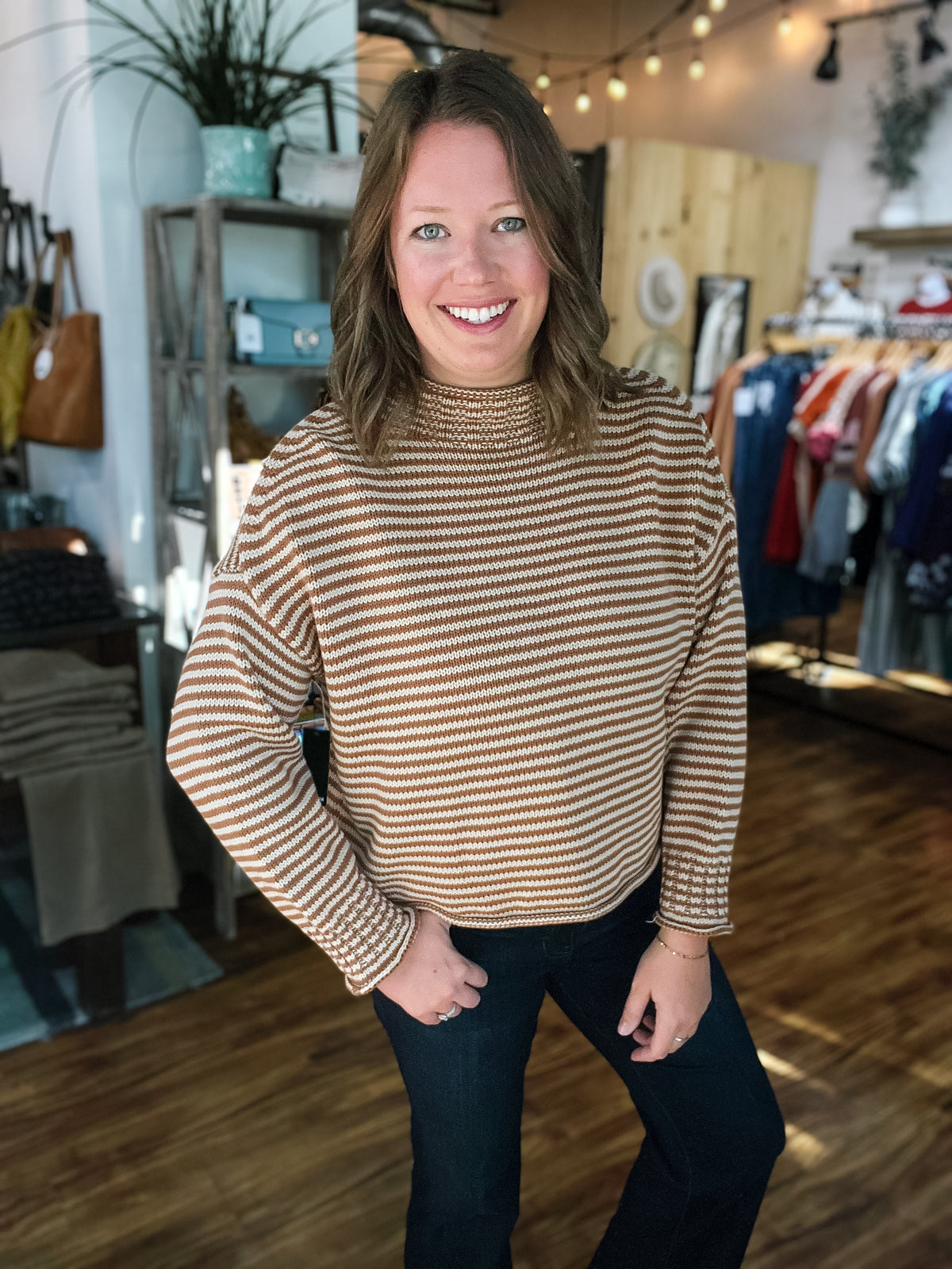 Brown & Tan Striped Mock Neck Sweater