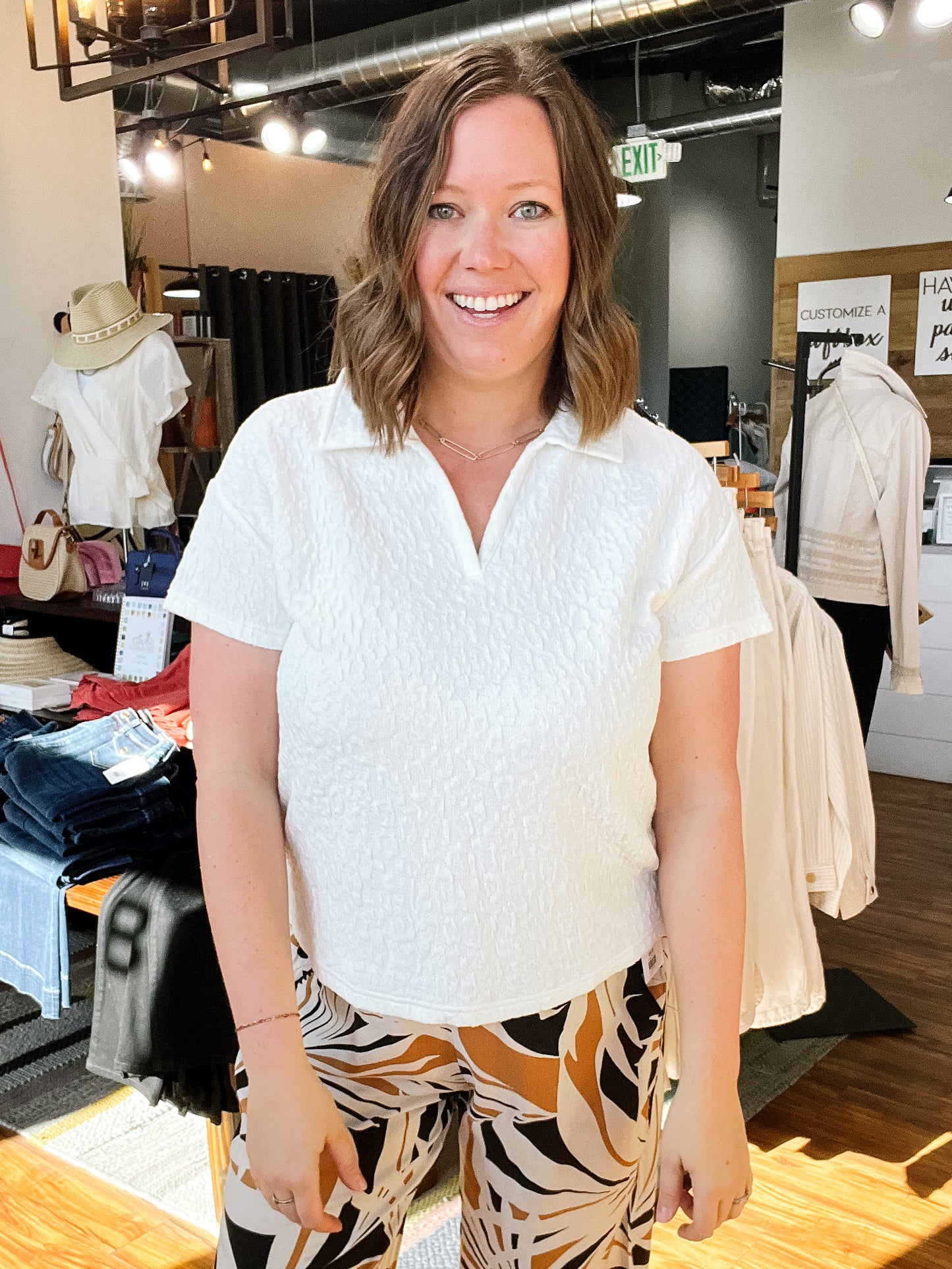 White Texture Collar Top