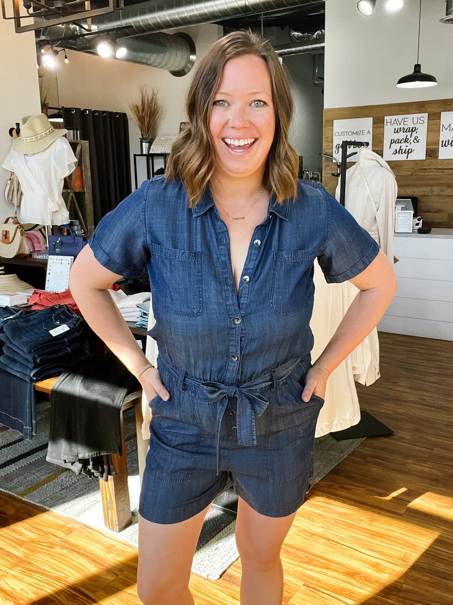 Dark Blue Chambray Short Sleeve Romper