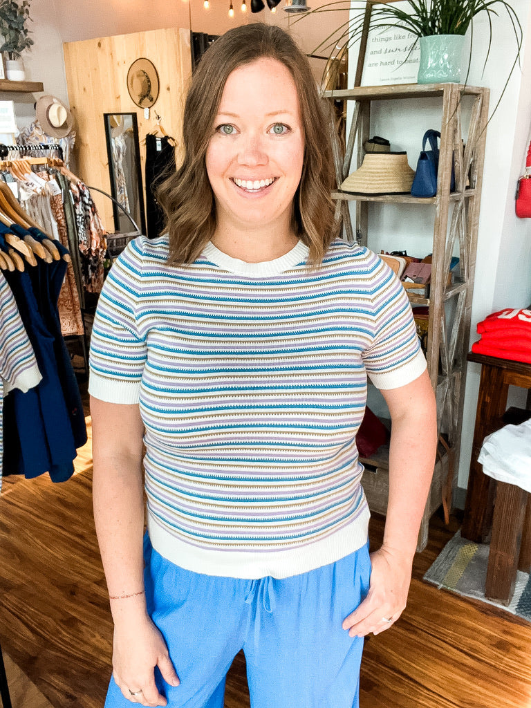 Cream Stripe Short Sleeve Sweater