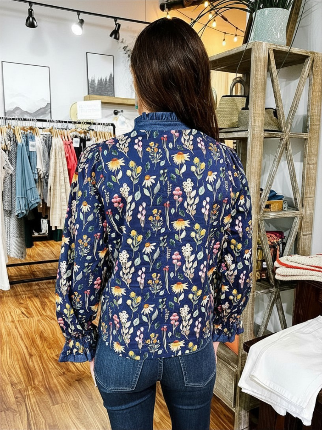 Navy Blue Ruffled Neck Floral Top