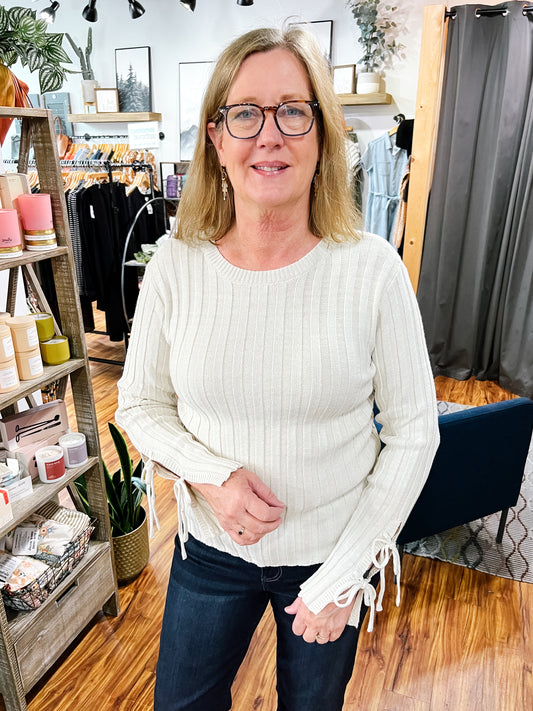 Ivory Ribbed Sweater W/ Ties
