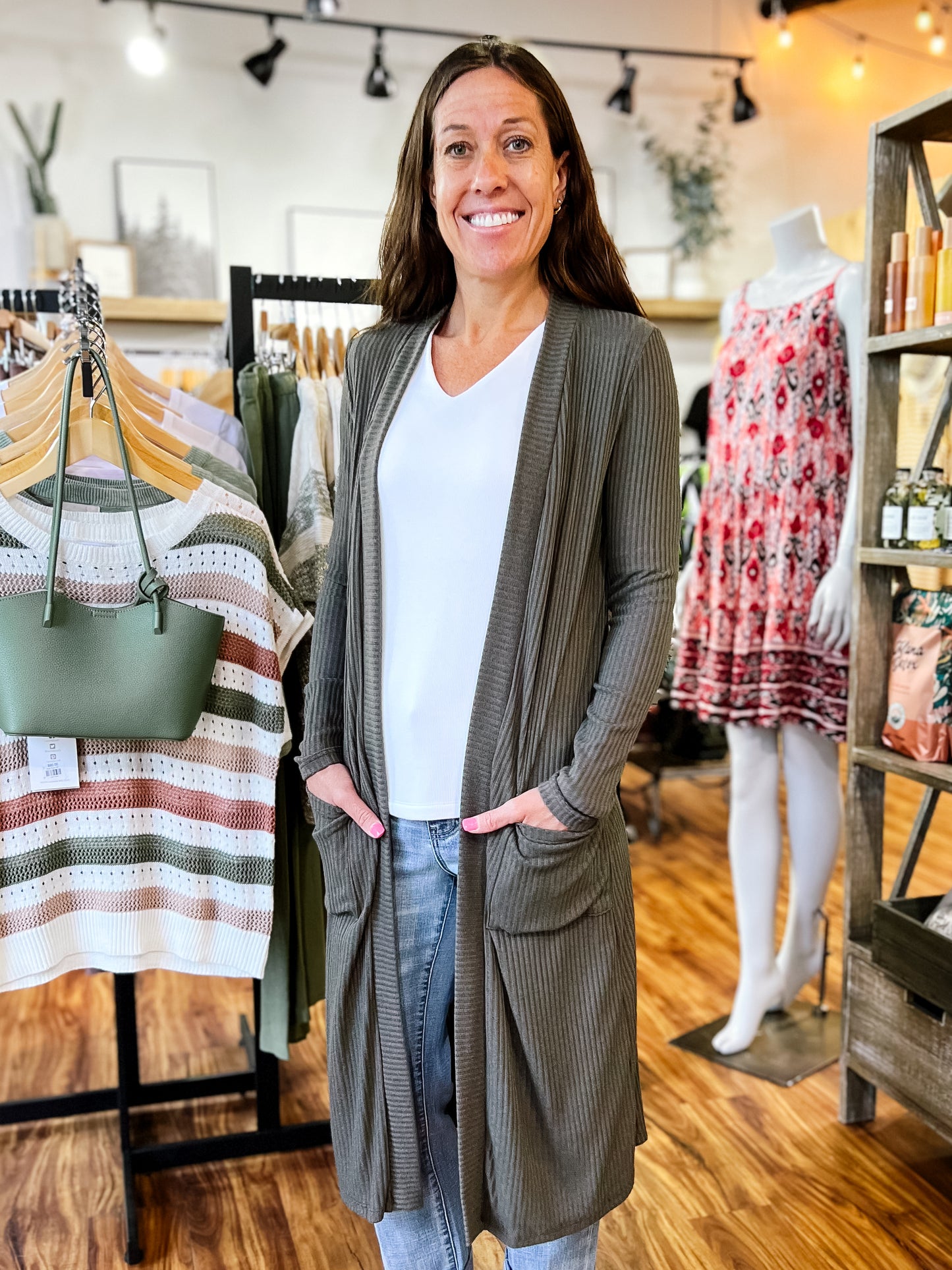 Olive Midi Ribbed Cardigan