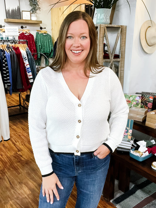 Cream W/ Black Cuff & Hem Cardigan