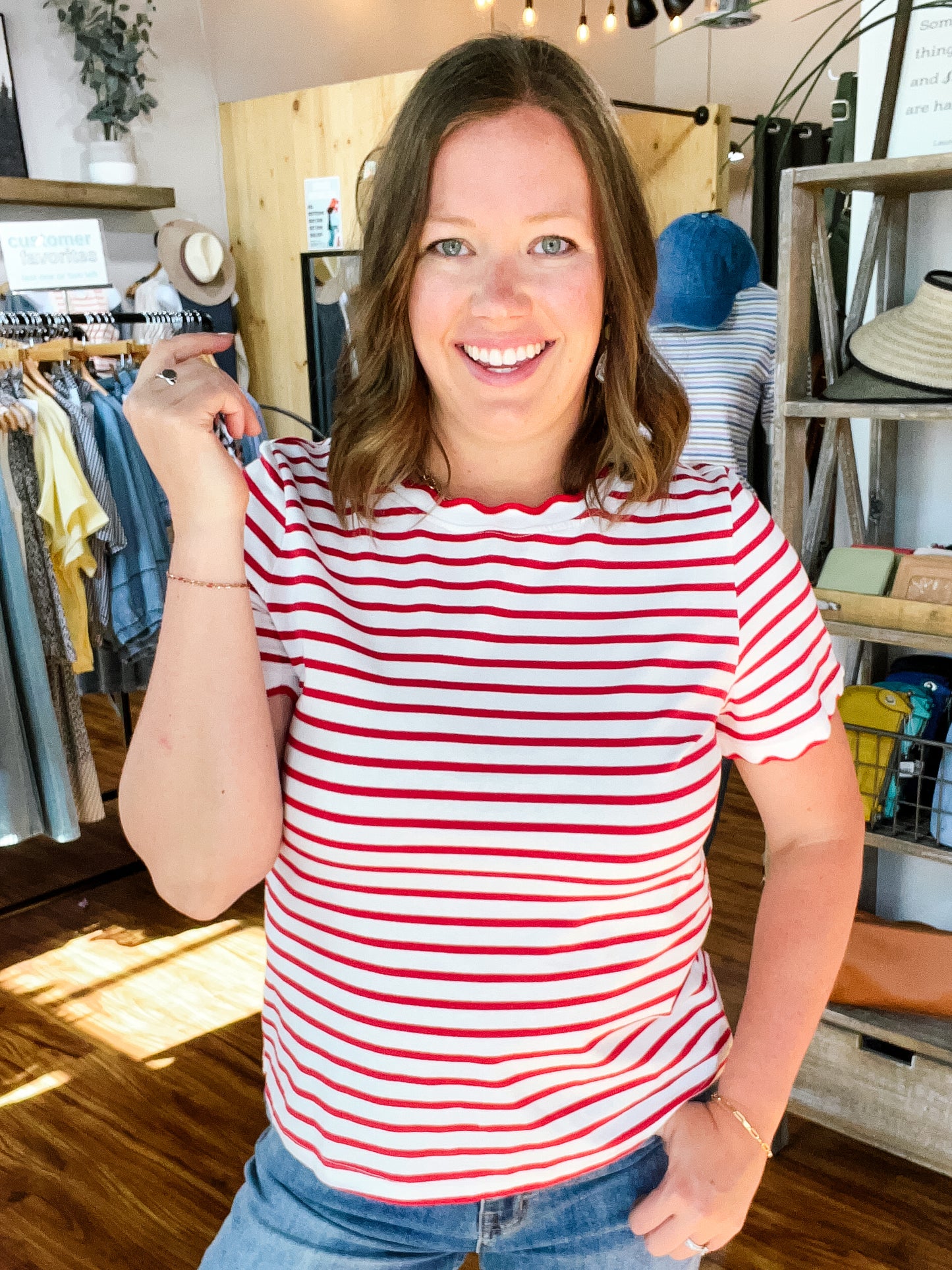 Red & White Stripe Scallop T-Shirt