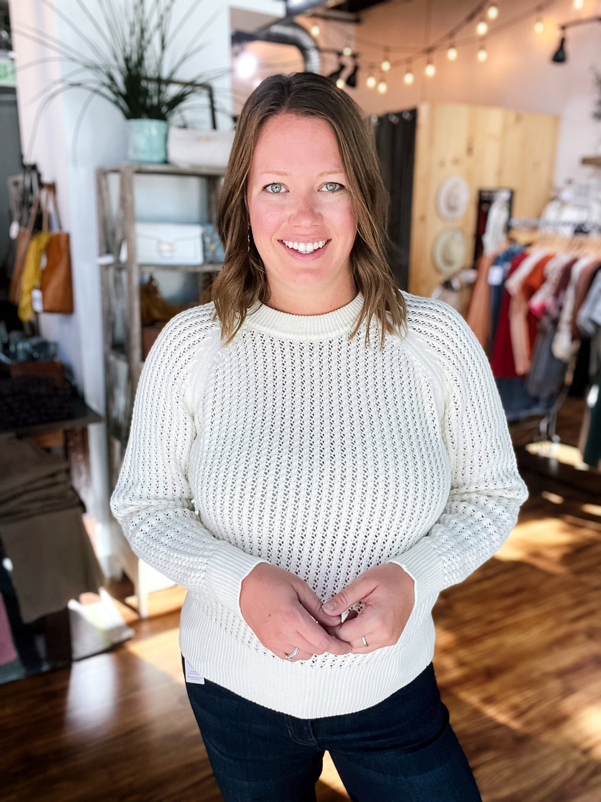 Stone Open Stitch Crew Neck Sweater