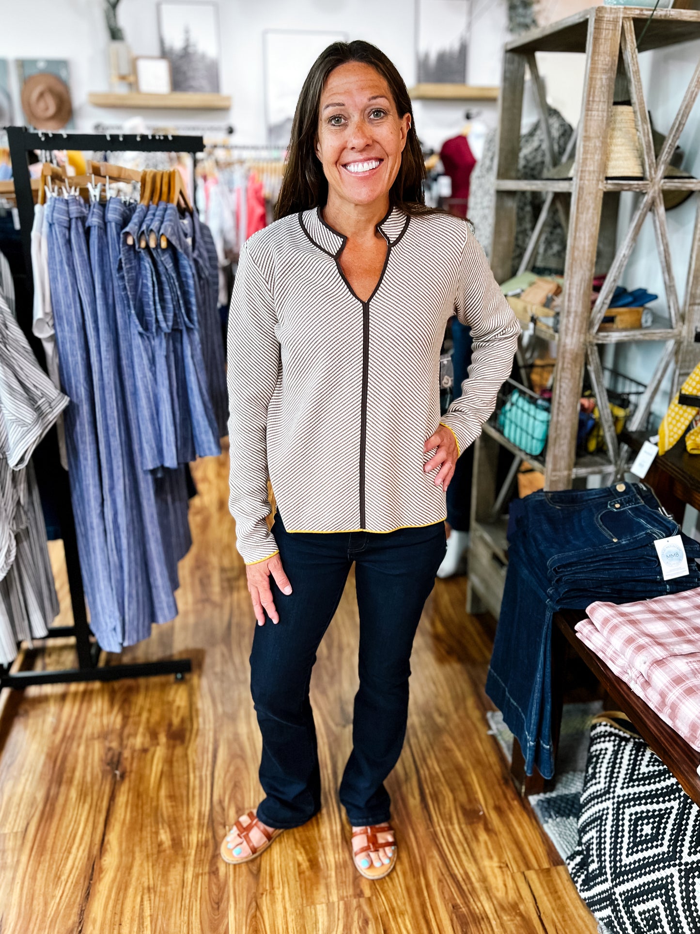 Brown/Ivory Stripe Split Neck Sweater