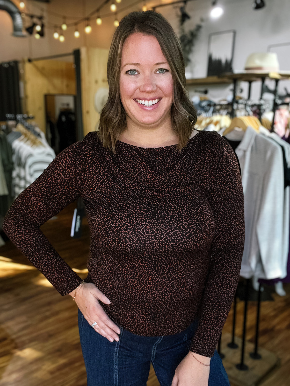 Black w/ Rust Polka Dot Long Sleeve Top