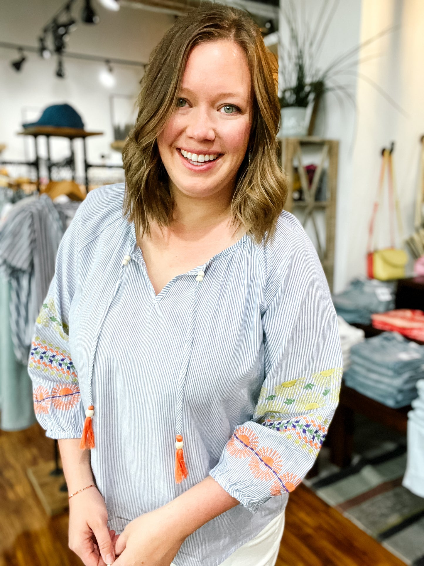 Blue Stripe Top W/ Embroidery