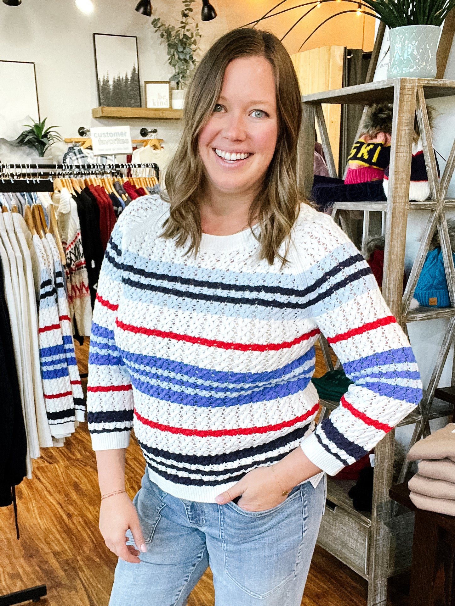 Red White & Blue Open Knit Sweater