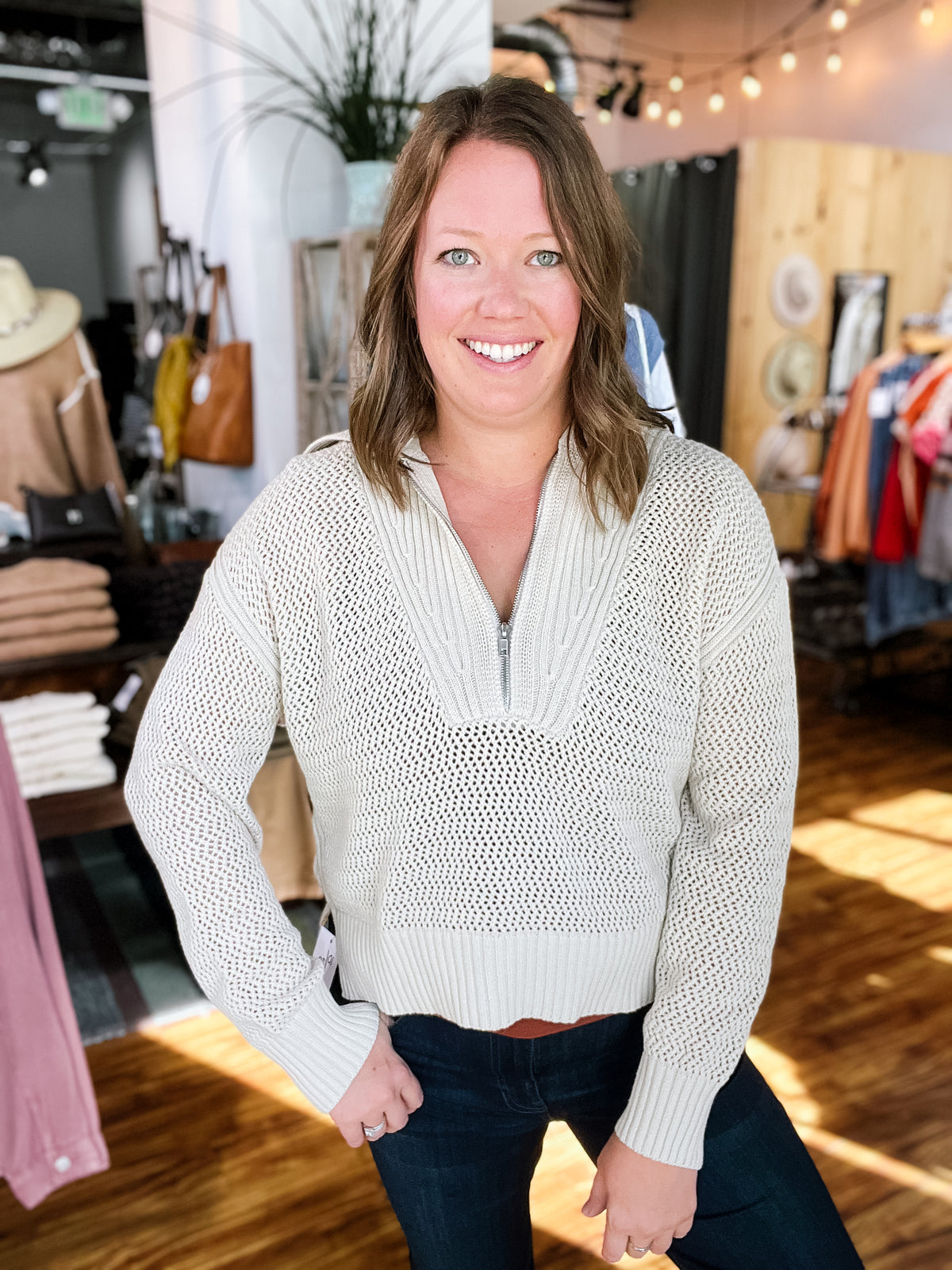 Beige Zipper Front Sweater