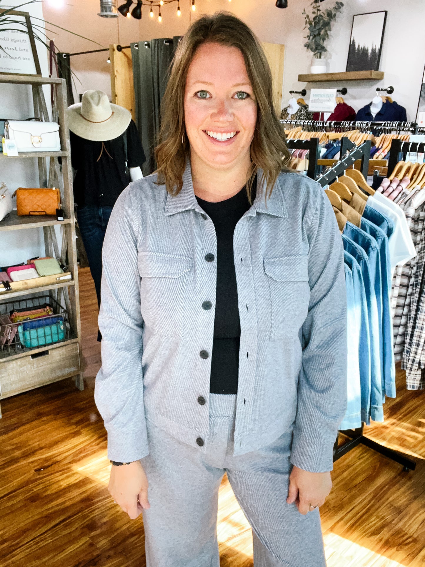 Charcoal Gray Mini Stripe Button Front Jacket