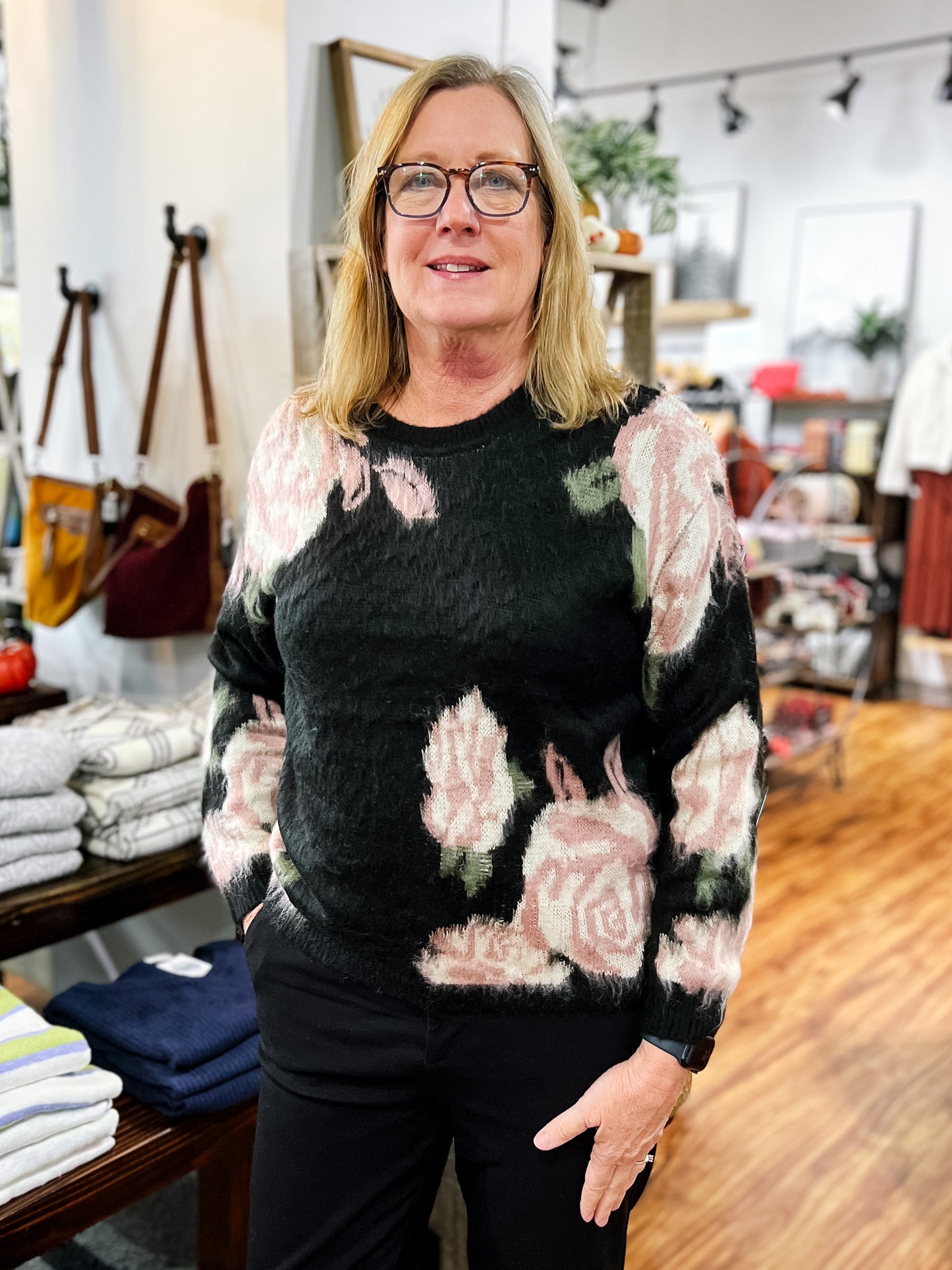 Black W/Mauve Roses Sweater