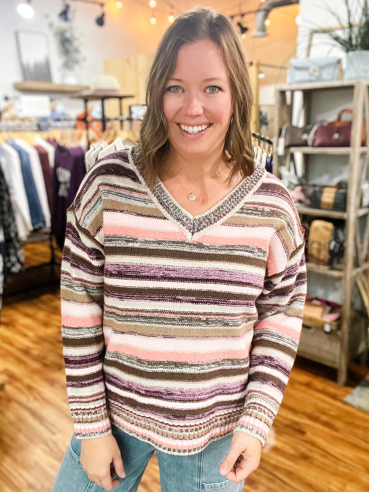 Brown Multi Stripe V-Neck Sweater