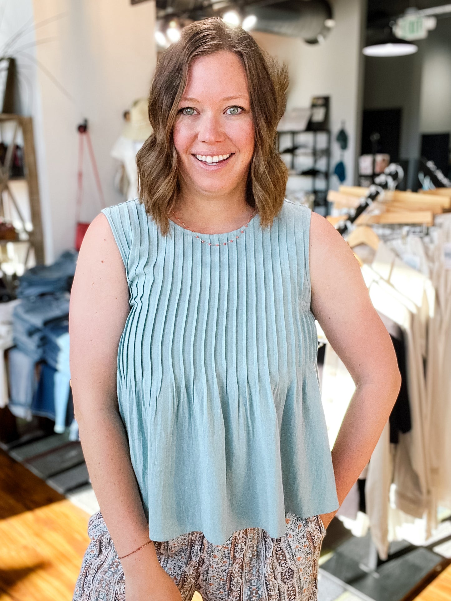Dusty Blue Pleated Babydoll Tank