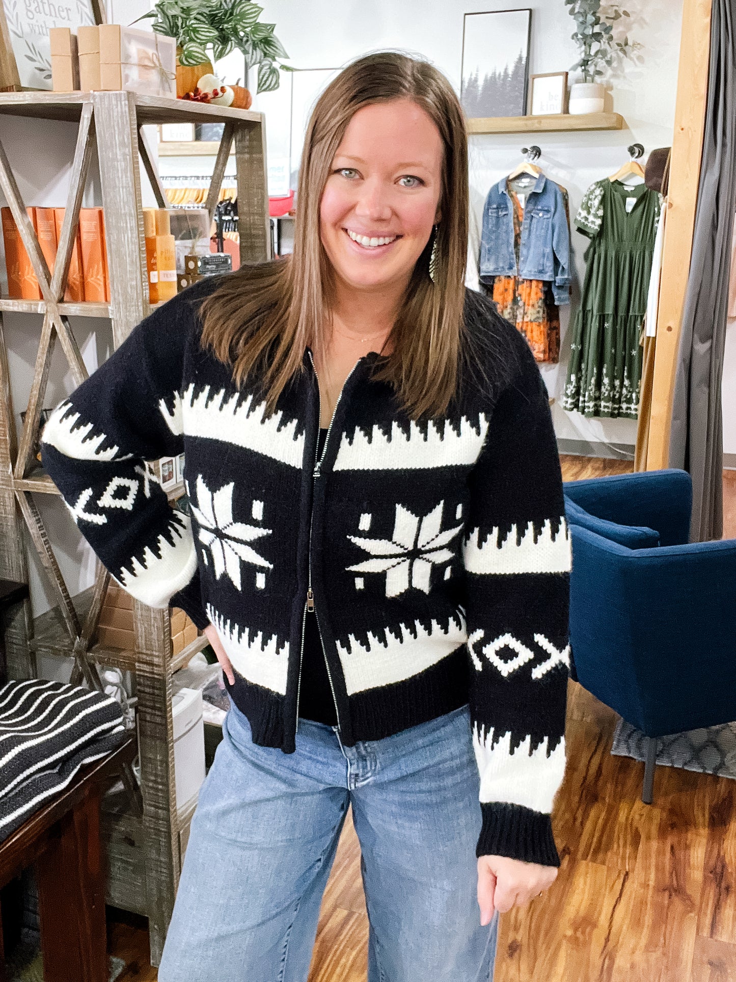 Black Zip Cardigan W/Ivory Snowflake