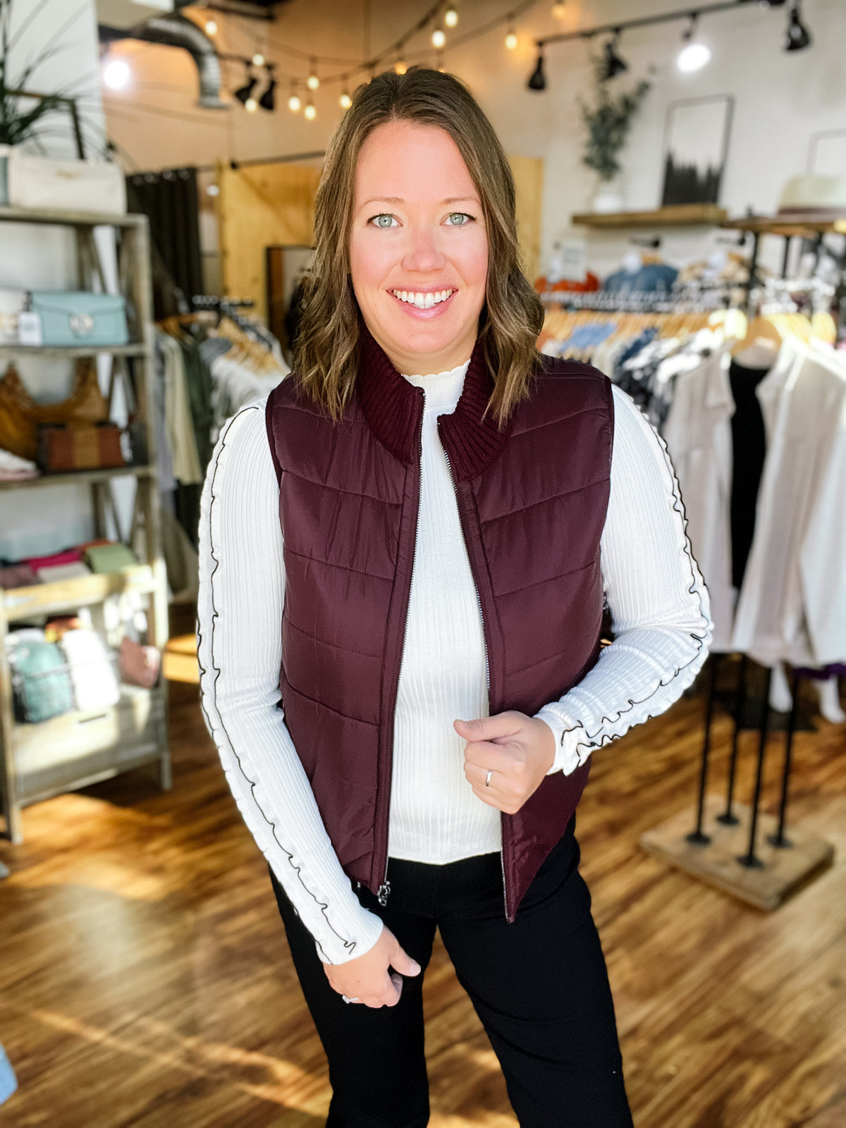 Plum Reversible Cable Knit Puffer Vest