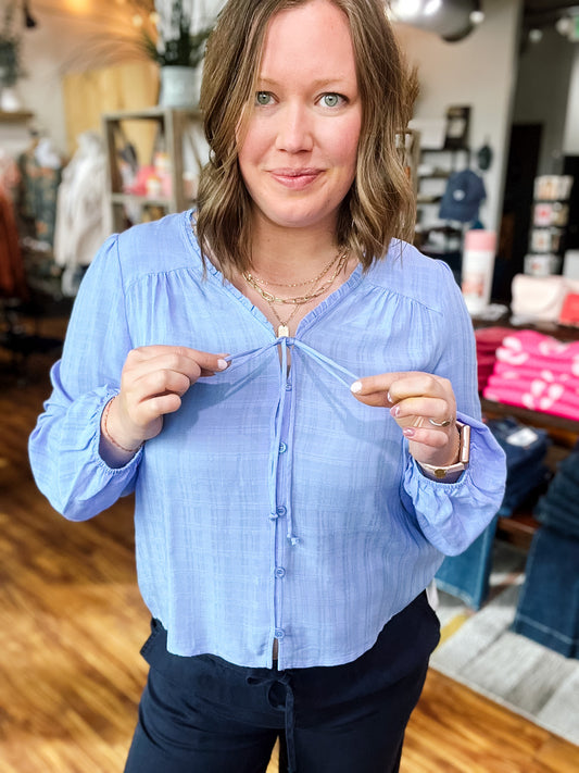 Blue Long Sleeve V Neck Blouse