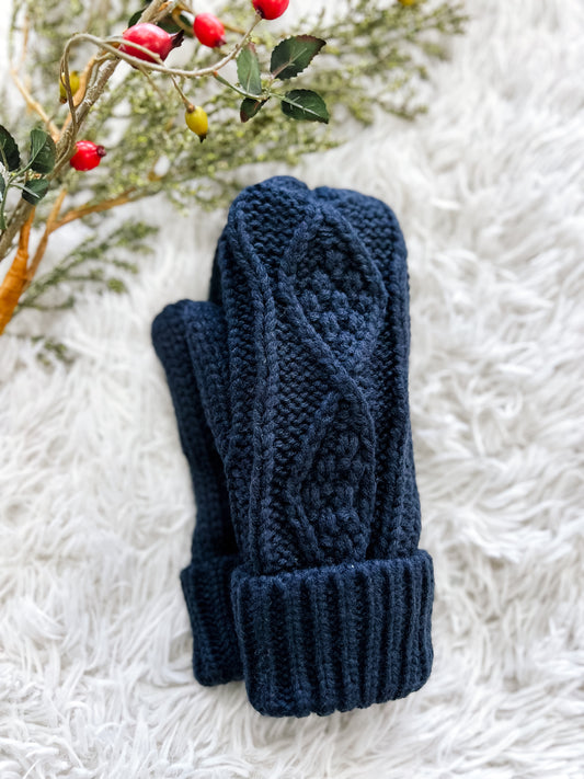 Navy Cable Knit Mittens