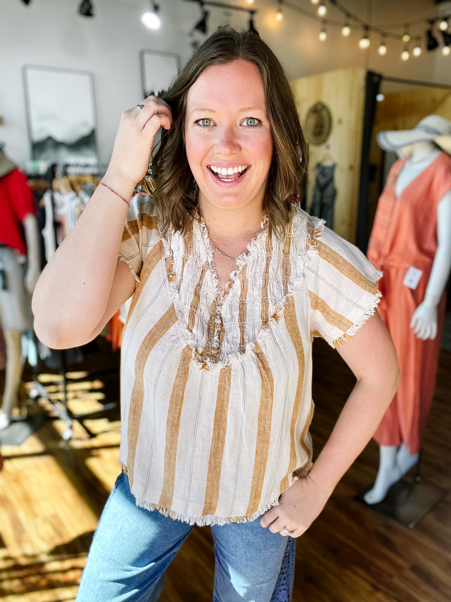 Tan Stripe Raw Edge Top