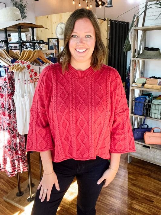 Vintage Red Cable Knit Relaxed Sweater