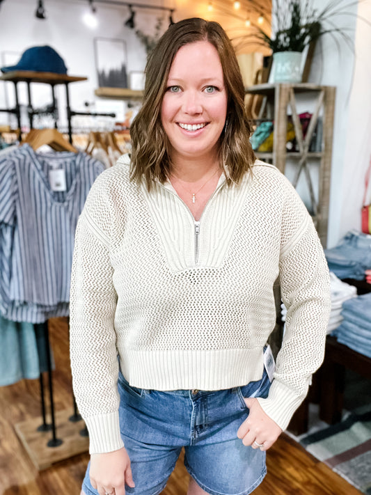 Beige Zipper Front Sweater