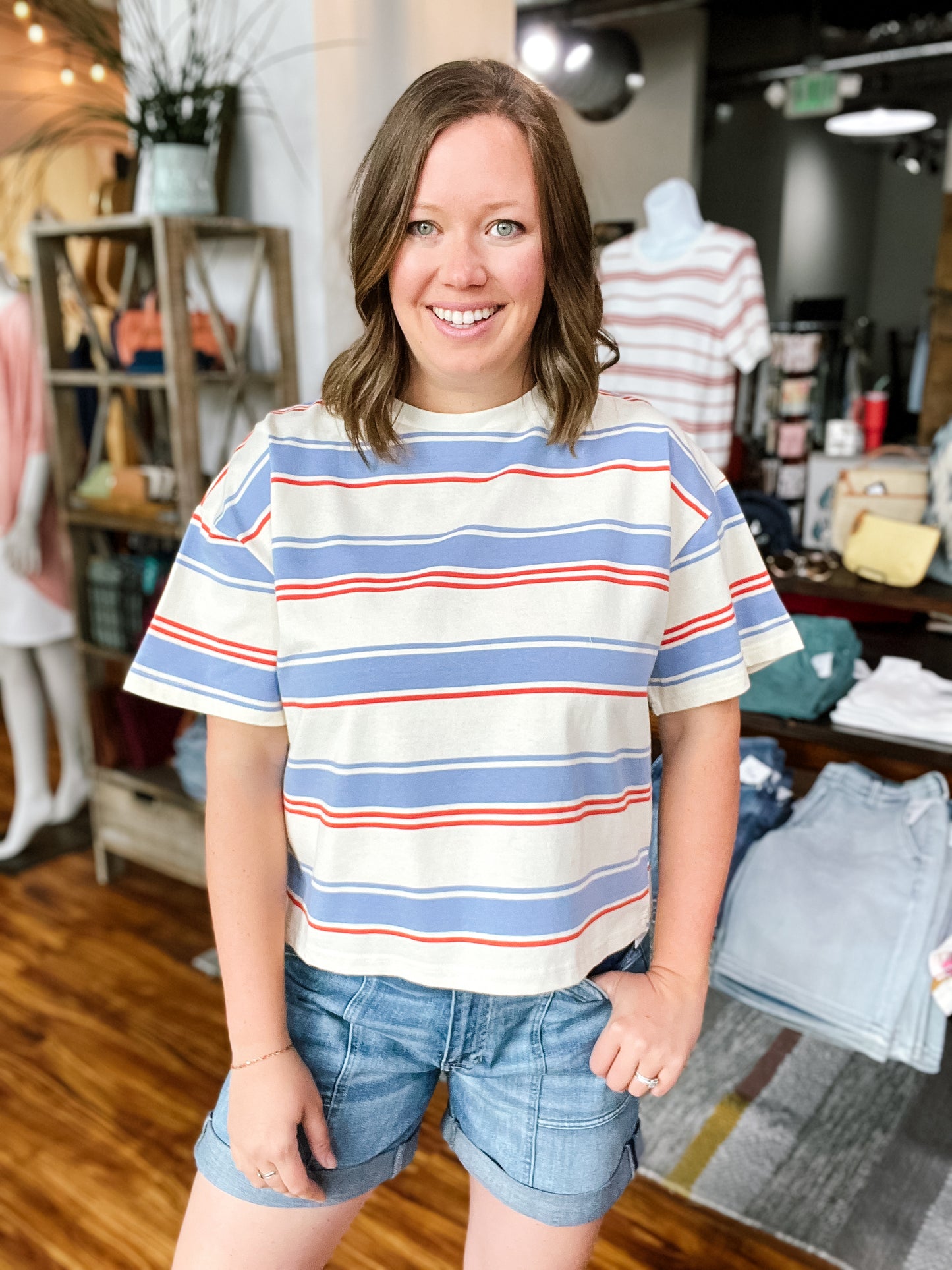 Cream W/Blue & Red Stripe Top