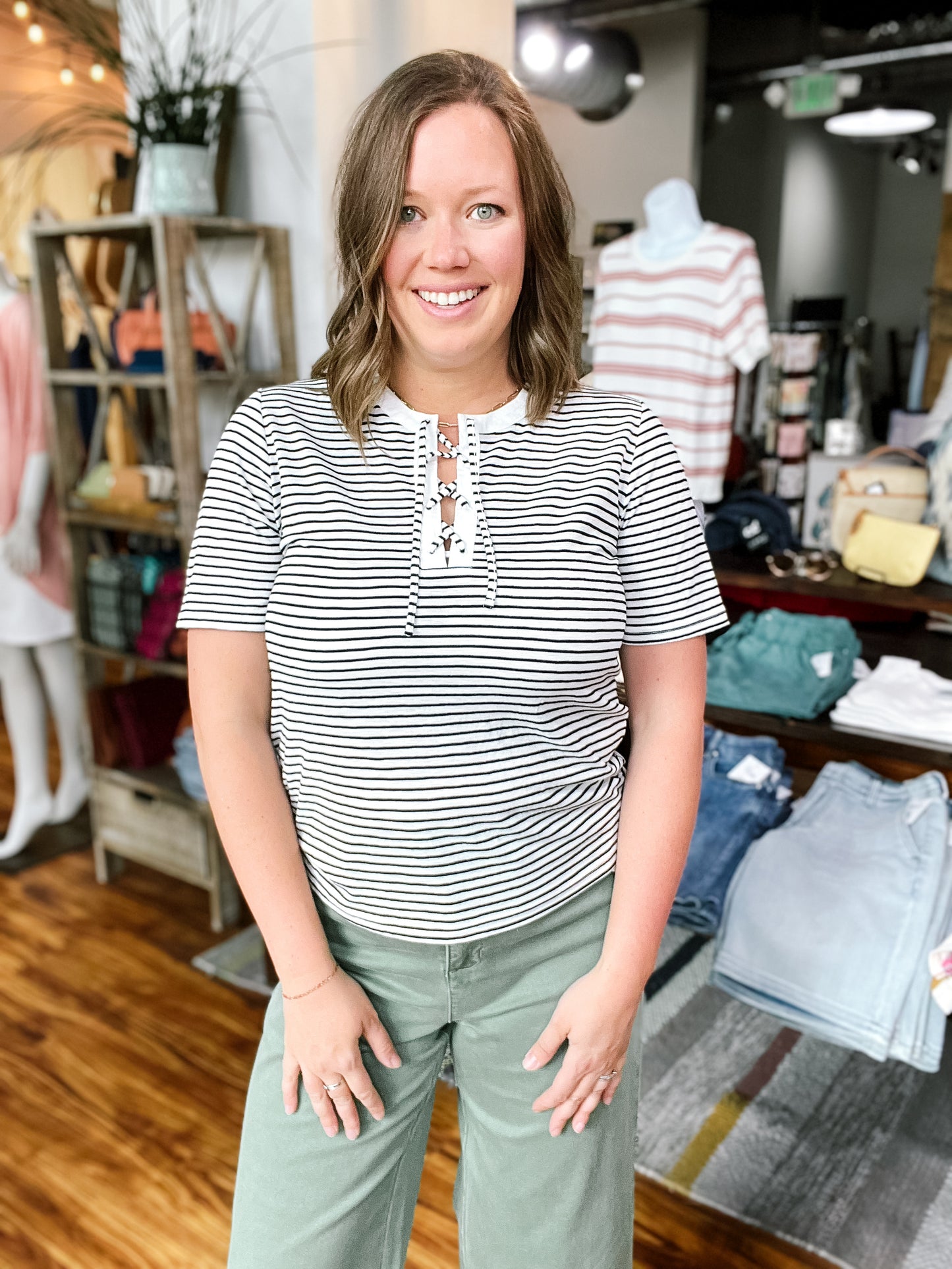 Cream W/Black Stripe Lace Up Top