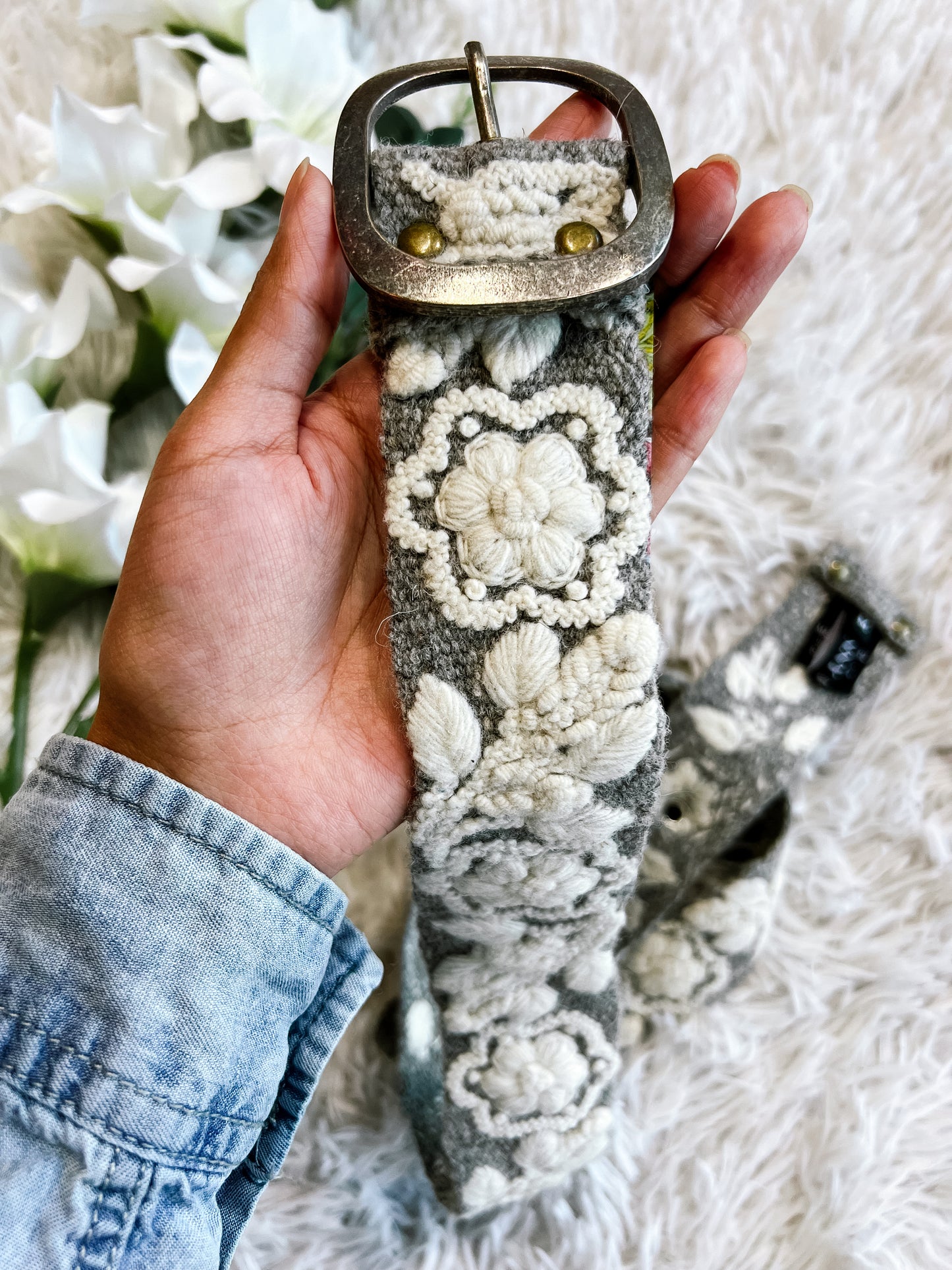 Gray & Cream Floral Embroidered Wool Belt