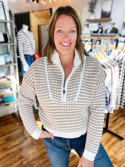 Cream & Tan Half Zip Open Knit Sweater