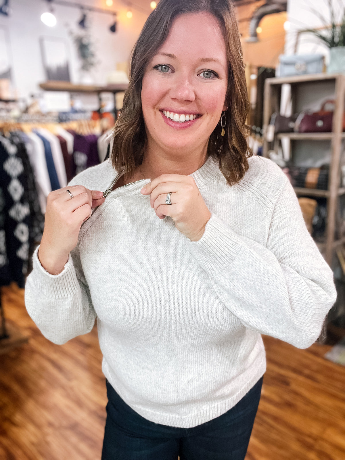 Light Sand Heathered Sweater w/ Zipper Detail