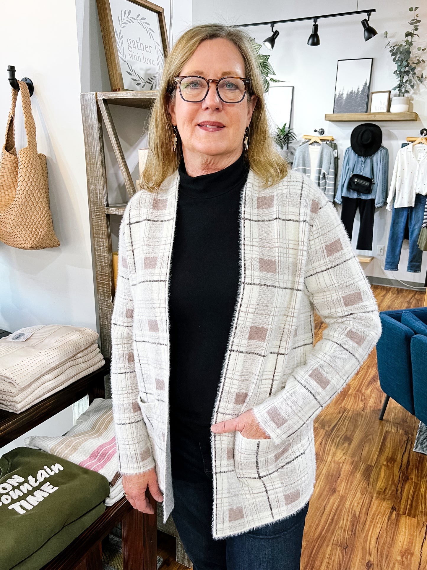 Cream & Tan Checked Open Front Cardigan