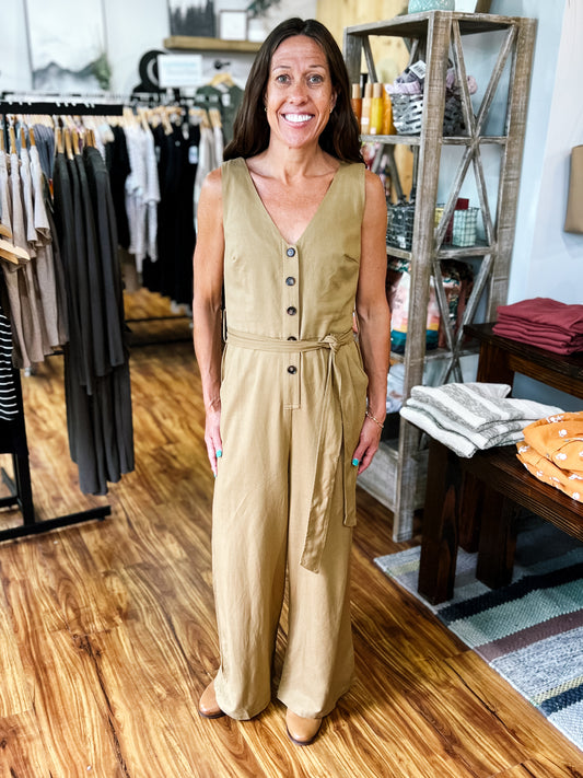 Tan Button Front Jumpsuit
