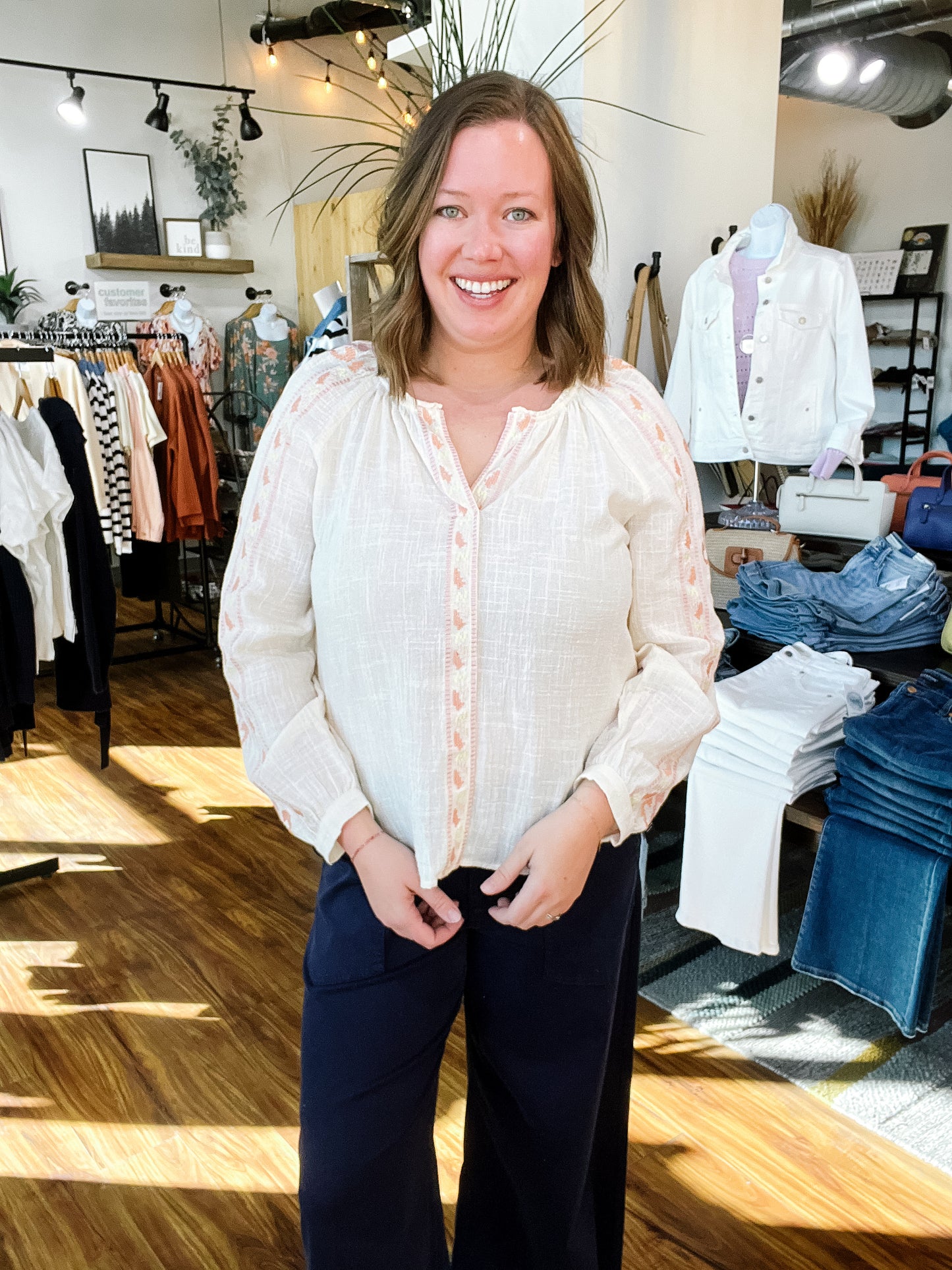 Cream & Pink Embroidered Sleeve Top