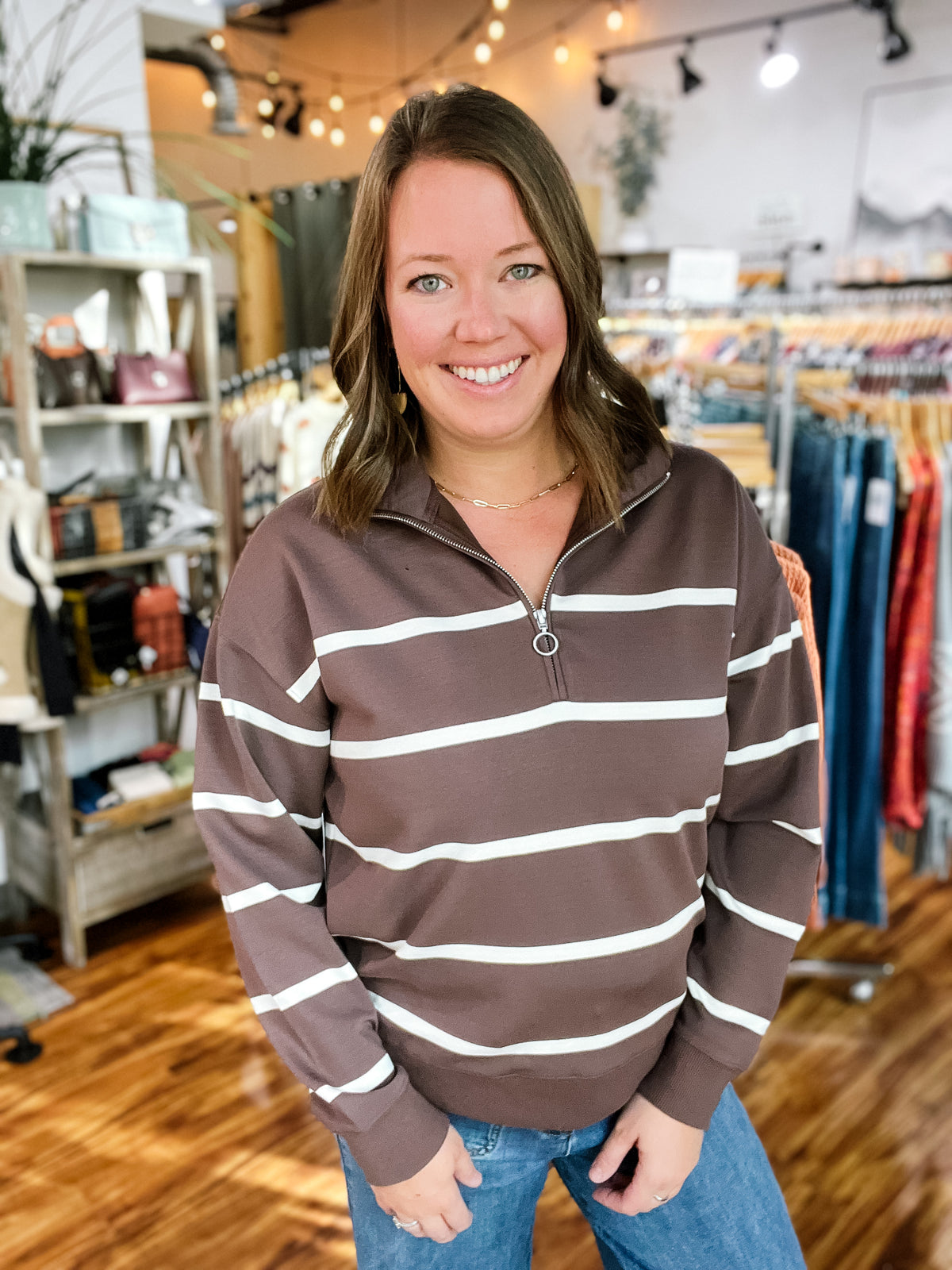 Brown w/ Cream Stripe Quarter Zip Top