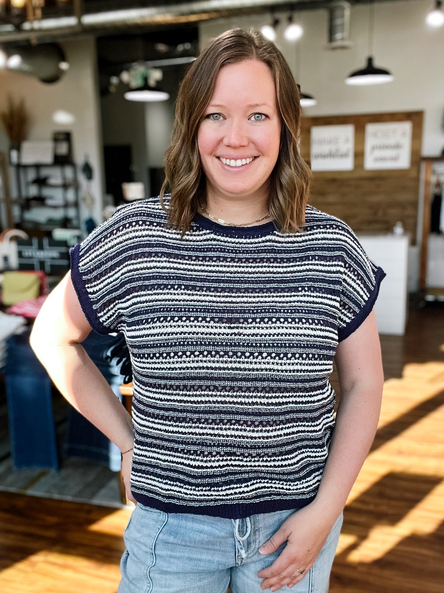 Navy W/White Stripe Crochet Knit Sweater