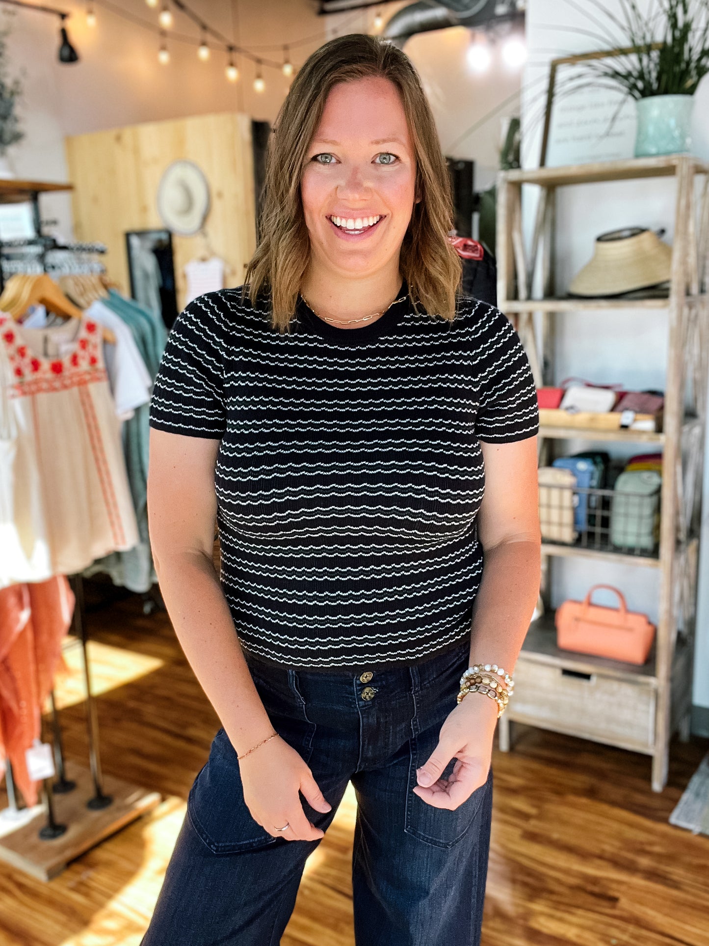 Navy Textured Stripe Short Sleeve Sweater Top